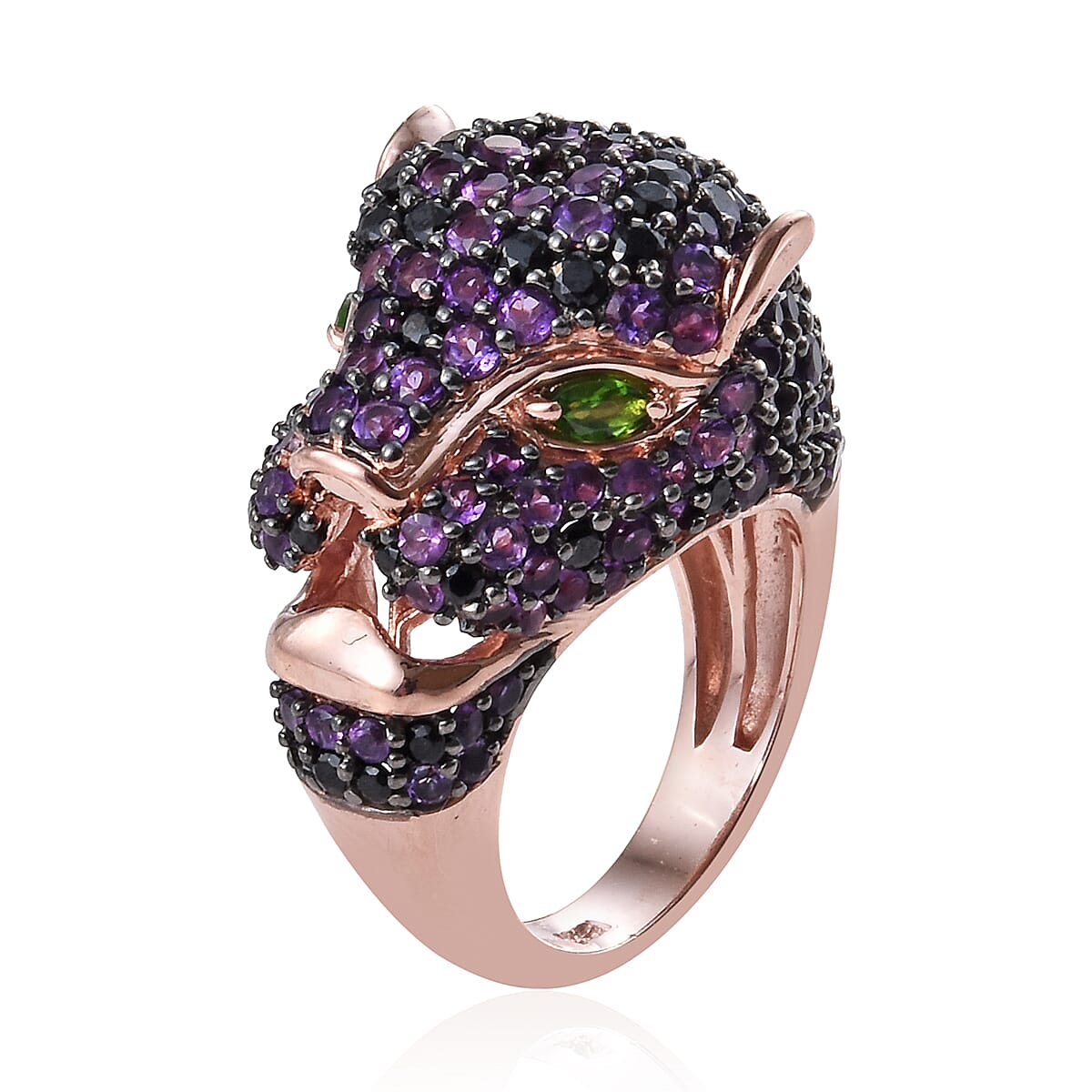 Amethyst (Rnd), Boi Ploi Black Spinel and Chrome Diopside Panther Ring in Rose Gold Overlay Sterling Silver 5.000 Ct, Silver wt 9.20 Gms.