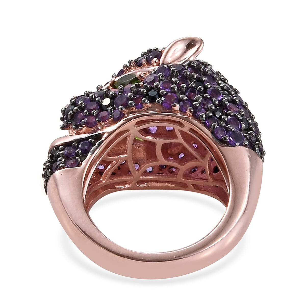 Amethyst (Rnd), Boi Ploi Black Spinel and Chrome Diopside Panther Ring in Rose Gold Overlay Sterling Silver 5.000 Ct, Silver wt 9.20 Gms.