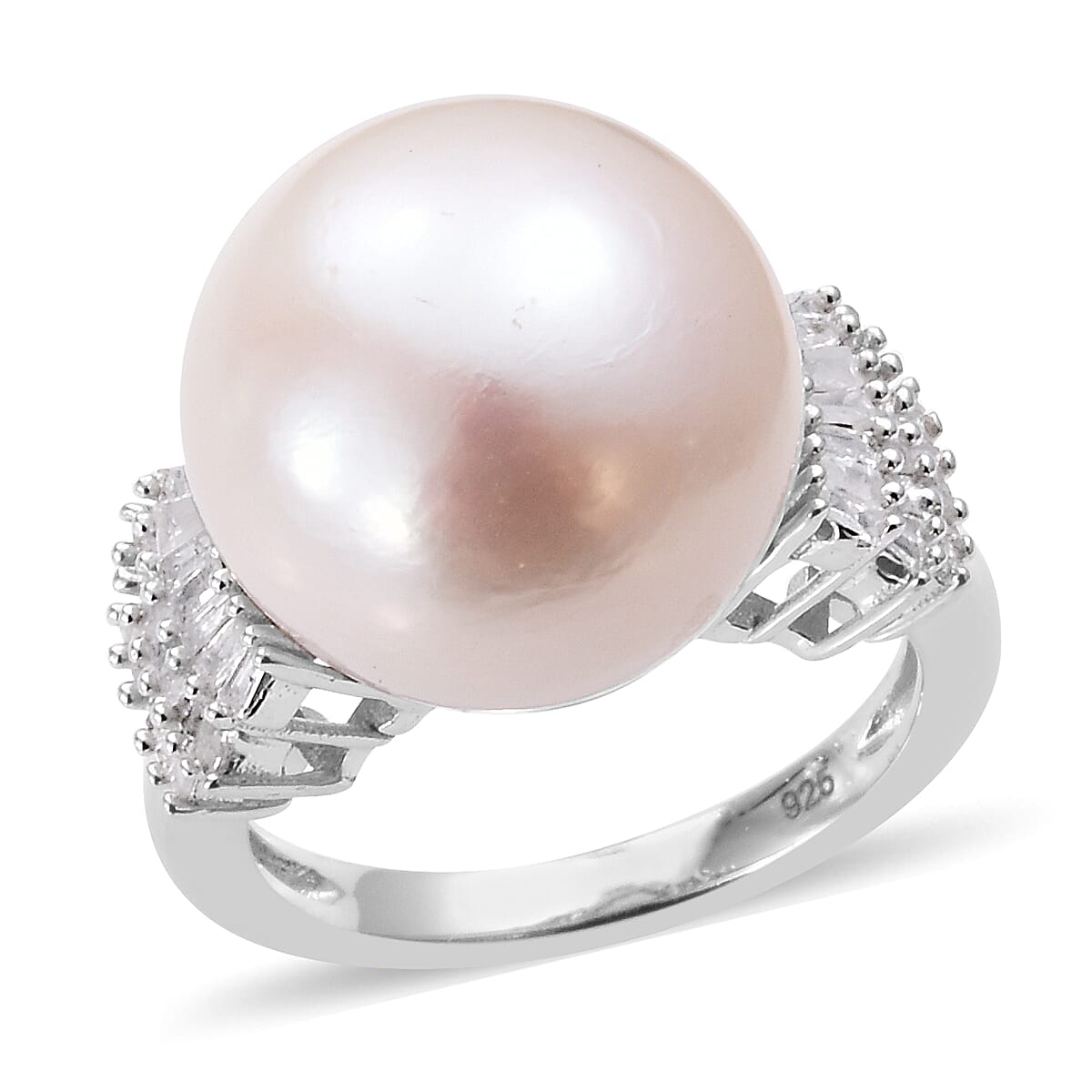 Extremely Rare Size Perfect Round Edison Pearl (Rnd 14-15 mm), Diamond (Rnd 0.33 Cts) Ring in Platinum Overlay Sterling Silver
