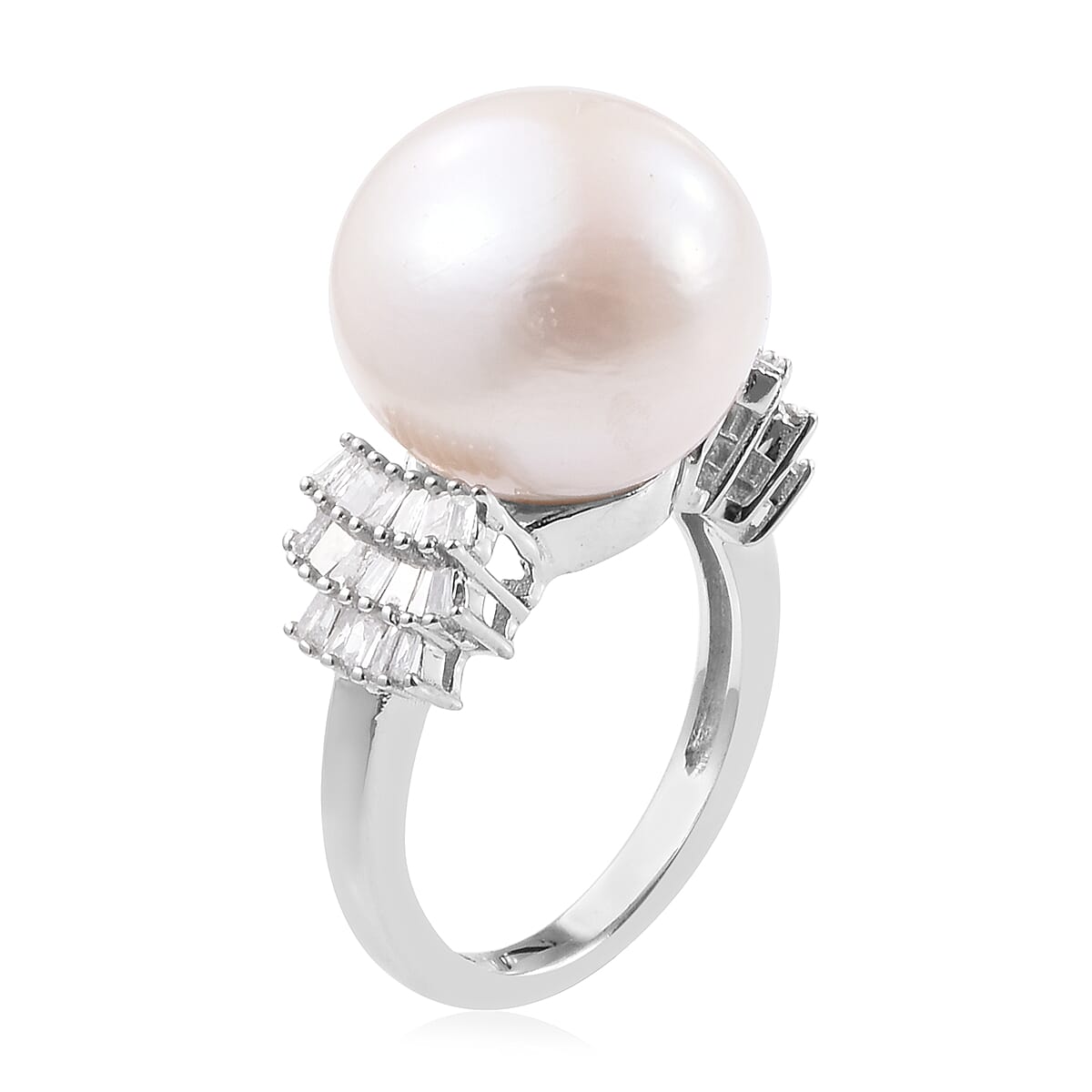 Extremely Rare Size Perfect Round Edison Pearl (Rnd 14-15 mm), Diamond (Rnd 0.33 Cts) Ring in Platinum Overlay Sterling Silver