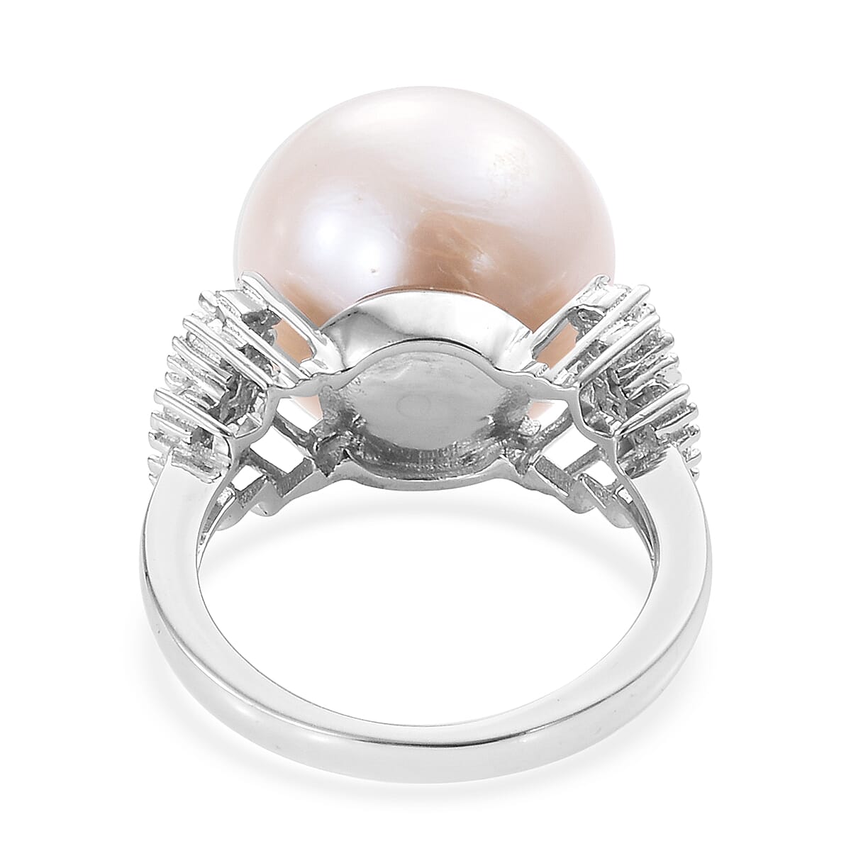 Extremely Rare Size Perfect Round Edison Pearl (Rnd 14-15 mm), Diamond (Rnd 0.33 Cts) Ring in Platinum Overlay Sterling Silver