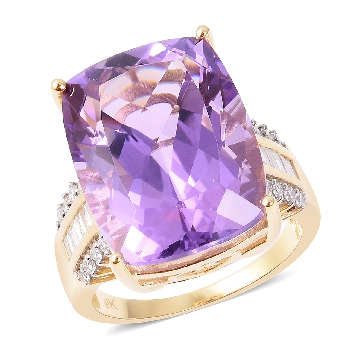 Cocktail Collection -9K Yellow Gold Bolivian Amethyst (Cush 20x15 mm), Diamond Ring 22.275 Ct, Gold wt 5.64 Gms.