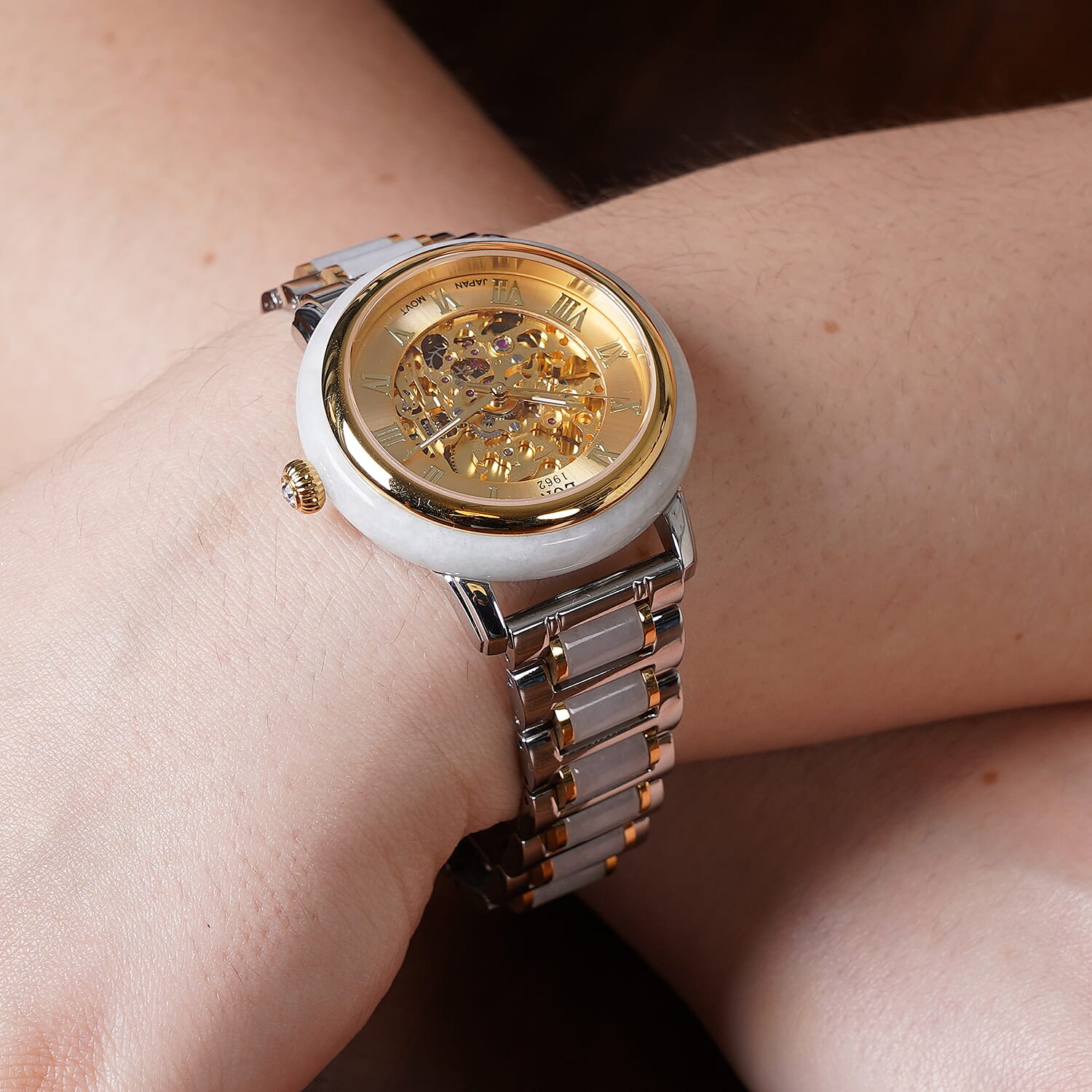 Limited Available - EON 1962 Hand Carved White Jade Japanese Skeleton Movement Water Resistant Watch