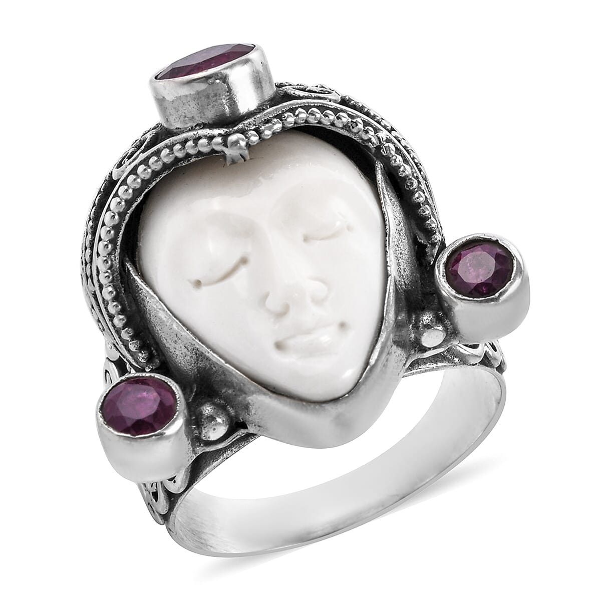 Princess Bali Collection OX Bone Carved Face and African Ruby Ring in Sterling Silver 14.470 Ct, Silver wt 9.40 Gms