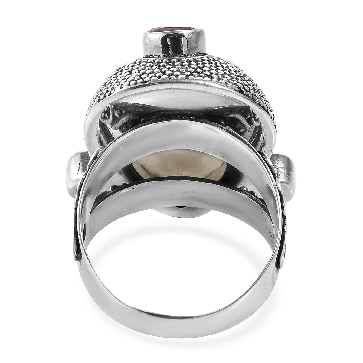 Princess Bali Collection OX Bone Carved Face and African Ruby Ring in Sterling Silver 14.470 Ct, Silver wt 9.40 Gms