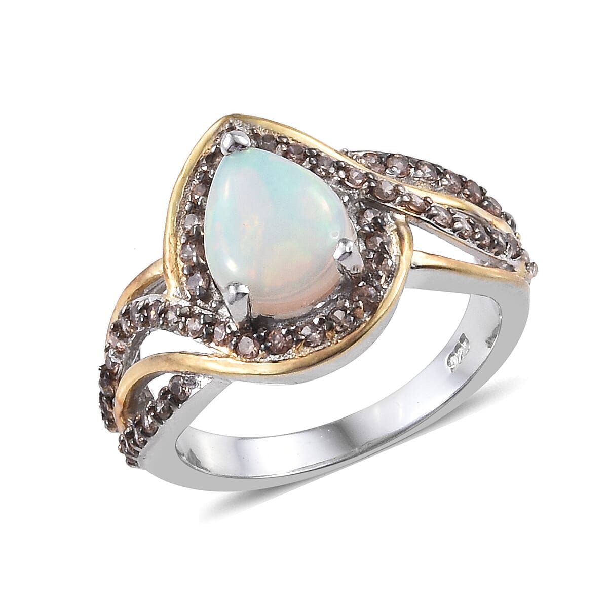Ethiopian Welo Opal (Pear), Brown Zircon Ring in Platinum and Yellow Gold Overlay Sterling Silver 1.500 Ct.