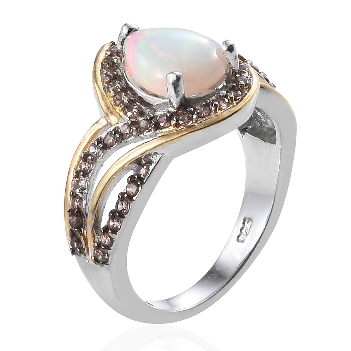 Ethiopian Welo Opal (Pear), Brown Zircon Ring in Platinum and Yellow Gold Overlay Sterling Silver 1.500 Ct.
