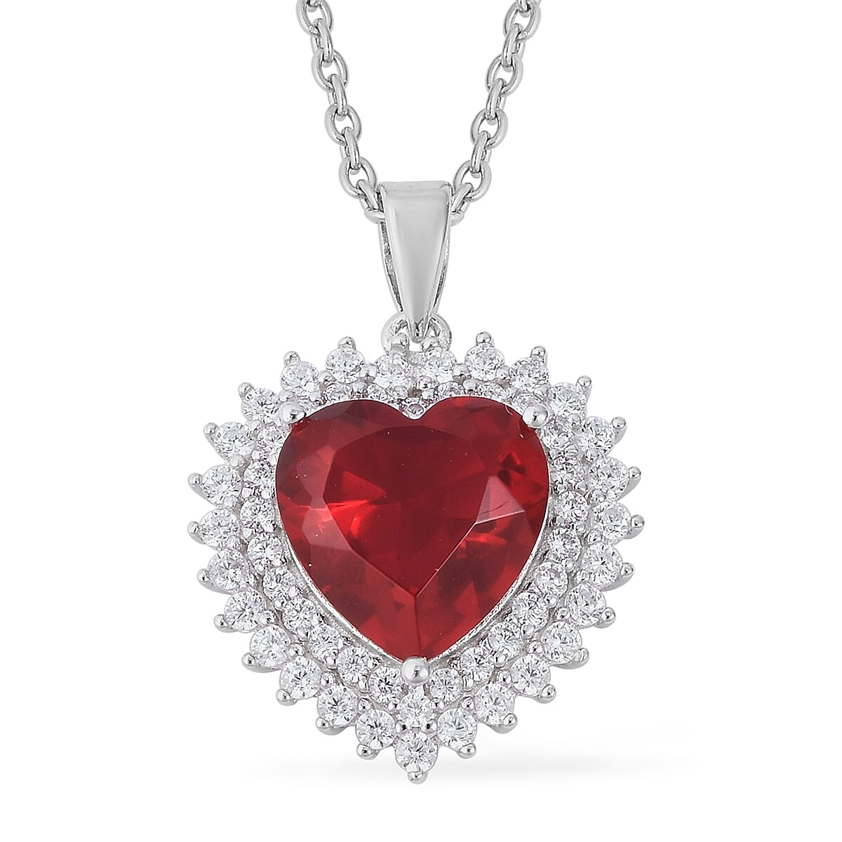 Simulated Ruby (Hrt), Simulated Diamond Heart Pendant in Sterling Silver with Stainless Steel Chain (Size 20)