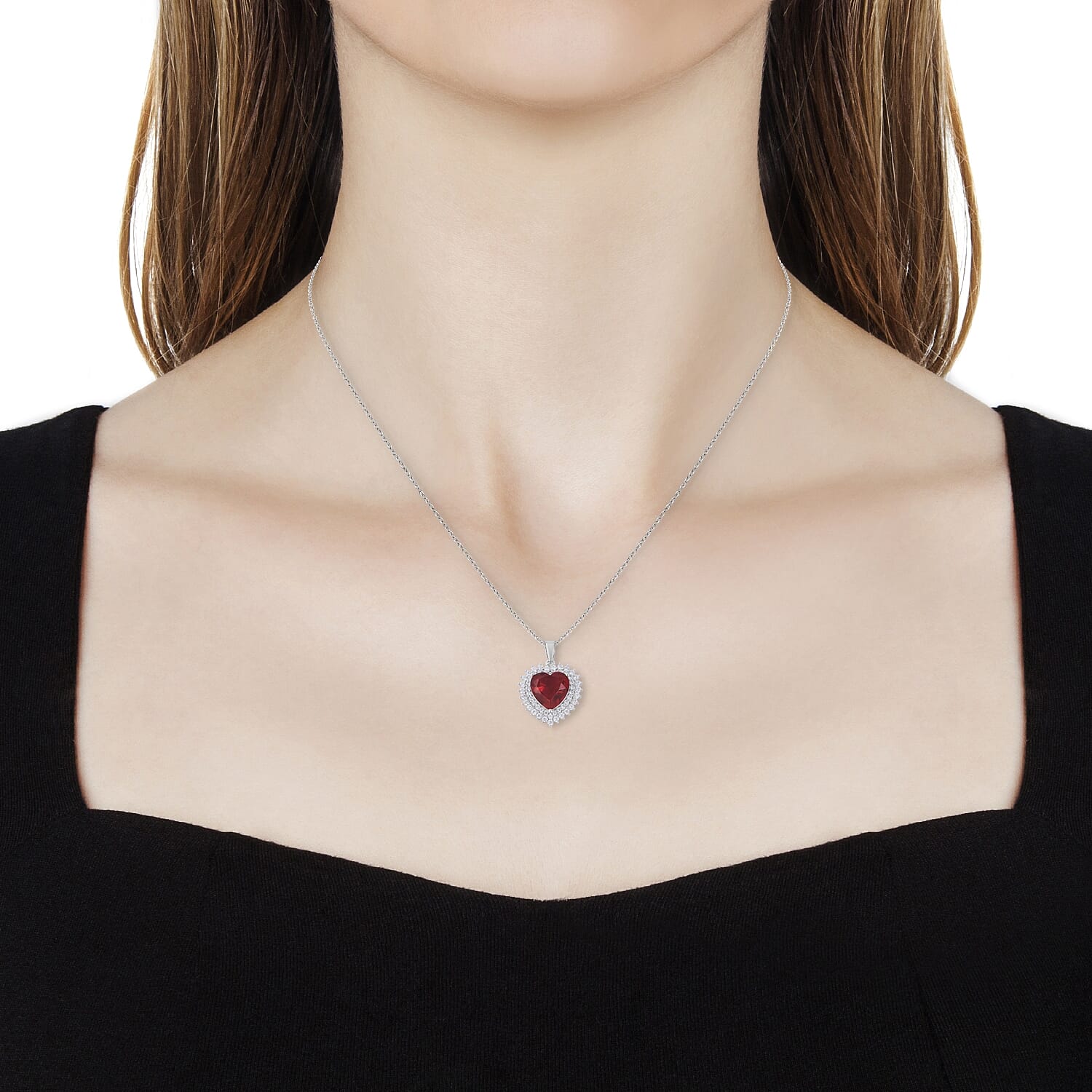 Simulated Ruby (Hrt), Simulated Diamond Heart Pendant in Sterling Silver with Stainless Steel Chain (Size 20)