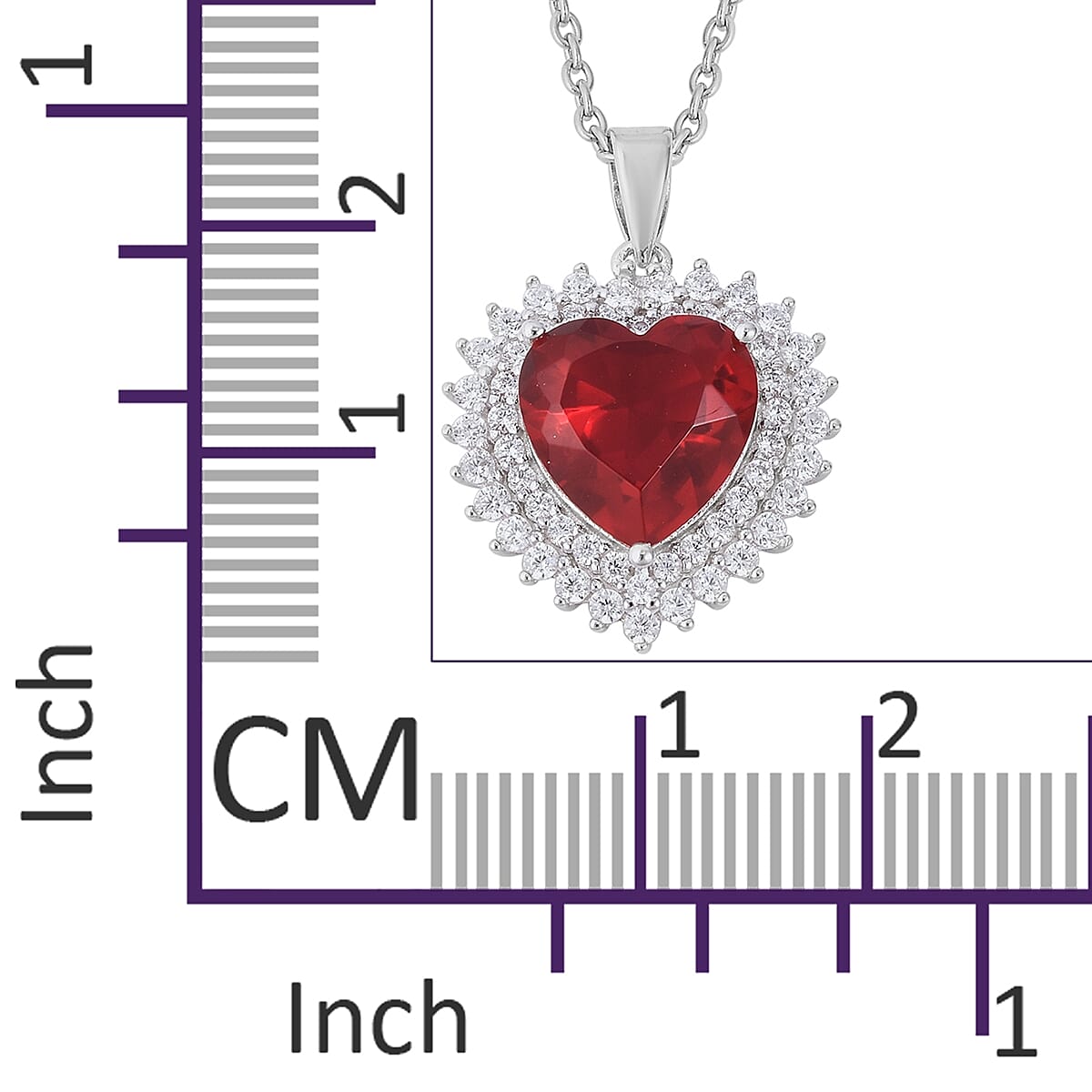 Simulated Ruby (Hrt), Simulated Diamond Heart Pendant in Sterling Silver with Stainless Steel Chain (Size 20)