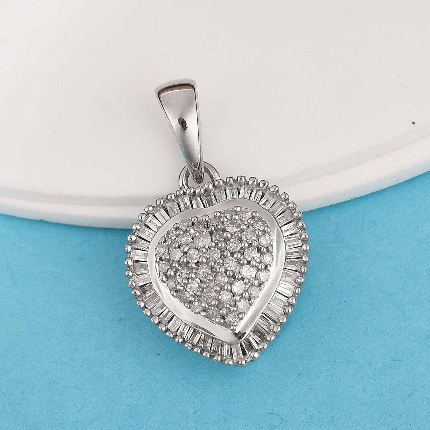 9K White Gold SGL Certified Diamond (Rnd and Bgt) (I3/G-H) Heart Pendant 0.500 Ct.
