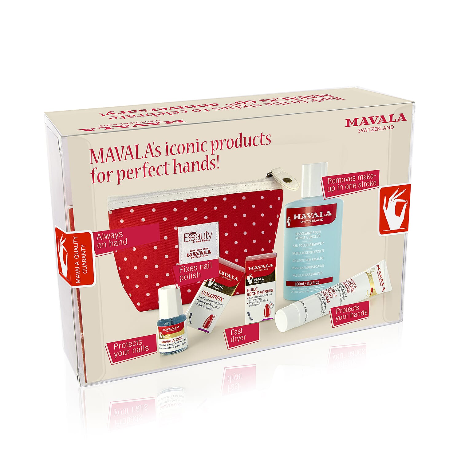 Mavala: Polka-Dot Nail Set (Incl. 002 Base Coat - 5ml, Colourfix - 5ml, Fast Dryer - 5ml, Hand Cream - 30ml, Nail Polish Remover - 100ml & Limited Edition Purse) (With Free Glam Style Bauble)