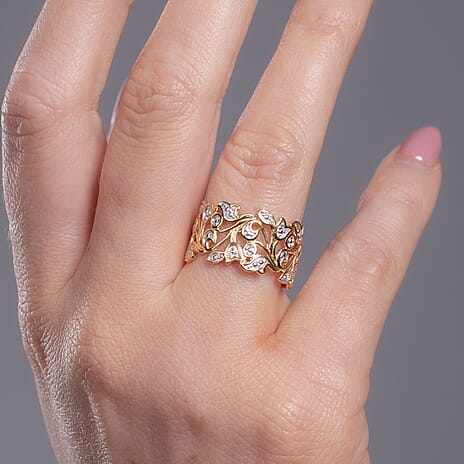 Designer Inspired- Diamond (Rnd) Leaf Ring in 18K Vermeil Yellow Gold Plated Sterling Silver