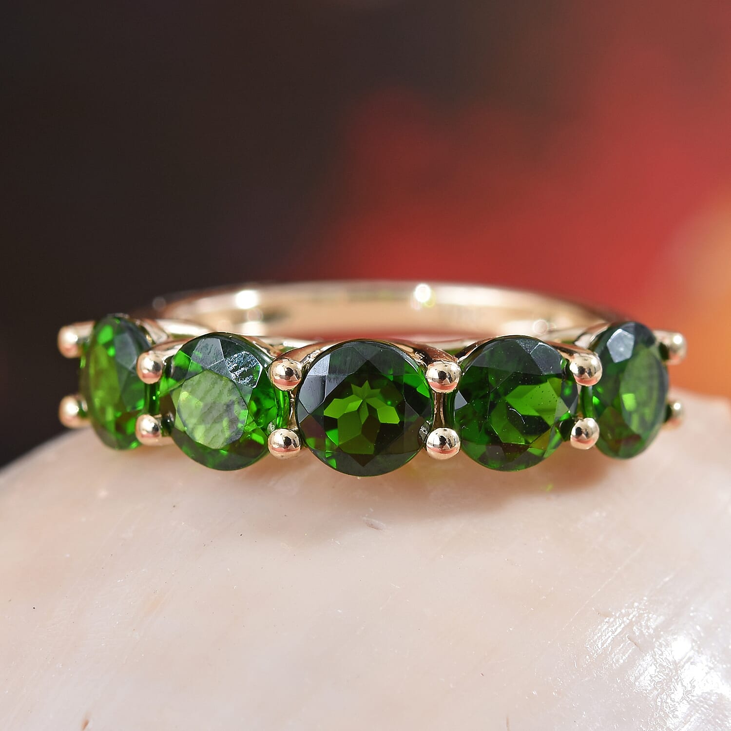 New York Close Out- 14K Yellow Gold AAAA Chrome Diopside (Rnd) Five Stone Ring 2.850 Ct.