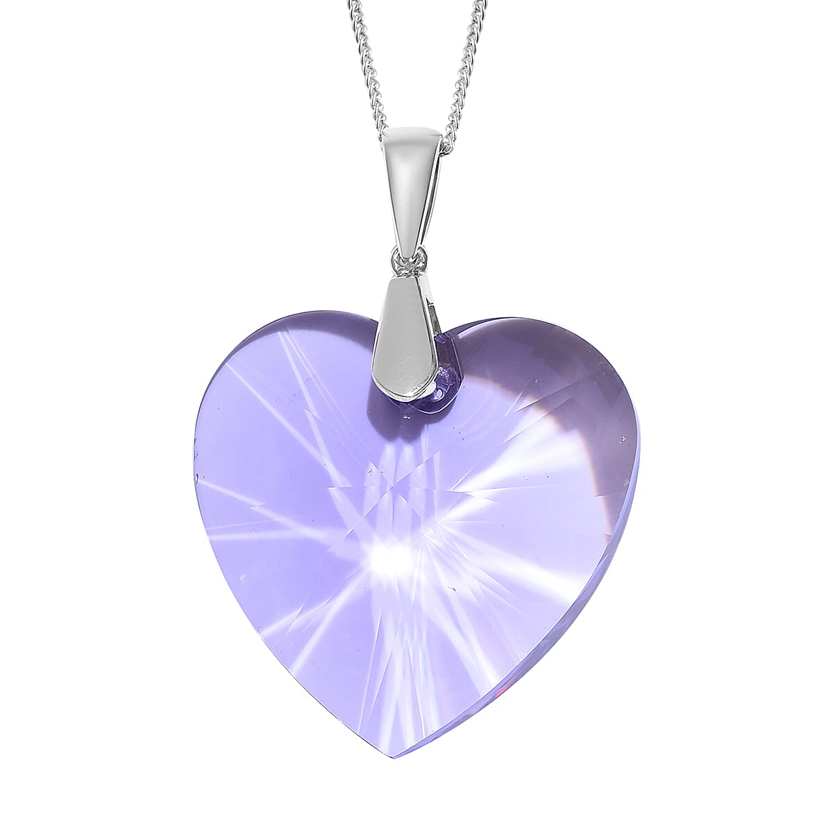 Lustro Stella - Violet Colour Crystal (Hrt 40 mm) Pendant With Chain (Size 30) in Platinum Overlay Sterling Silver, Silver wt 9.00 Gms.