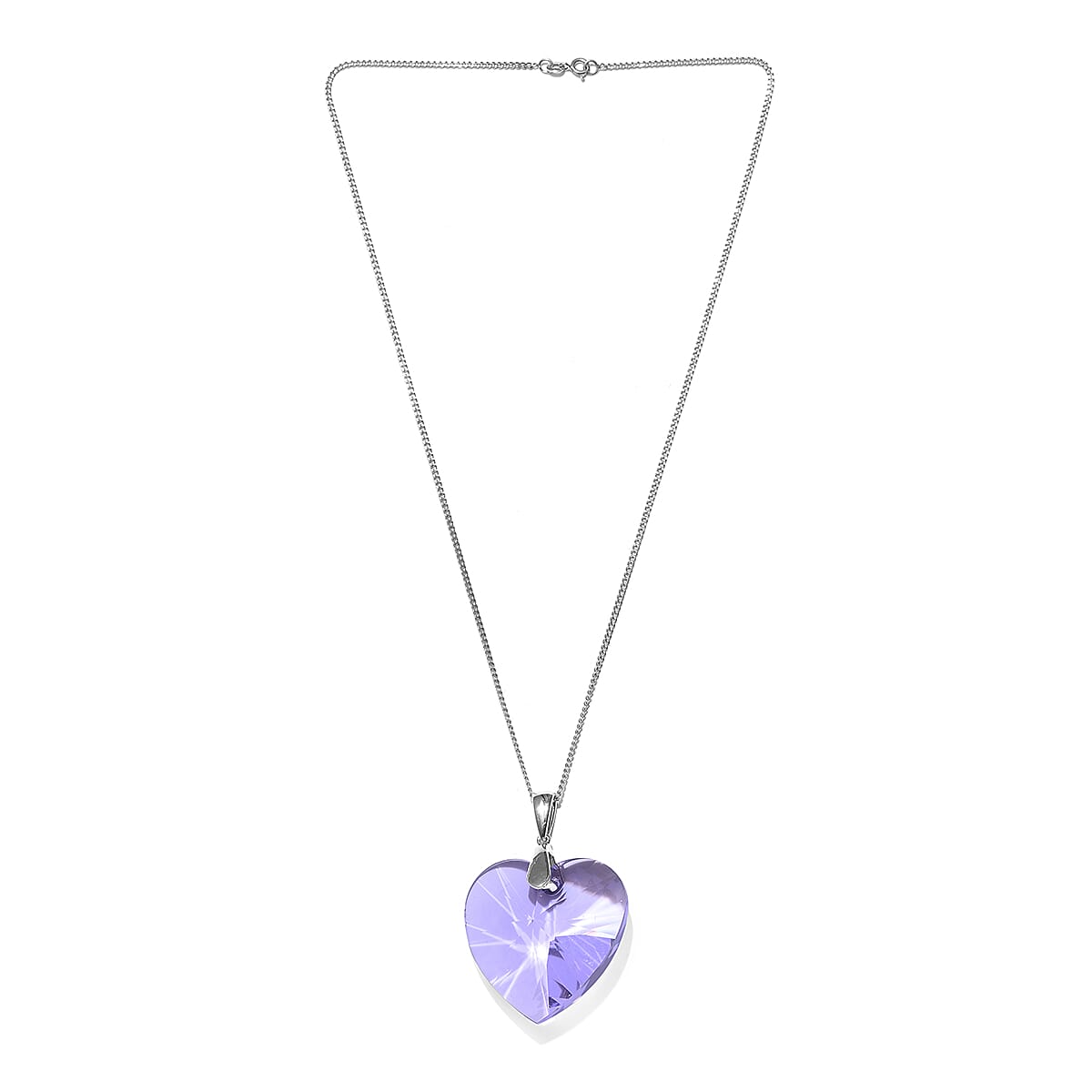 Lustro Stella - Violet Colour Crystal (Hrt 40 mm) Pendant With Chain (Size 30) in Platinum Overlay Sterling Silver, Silver wt 9.00 Gms.