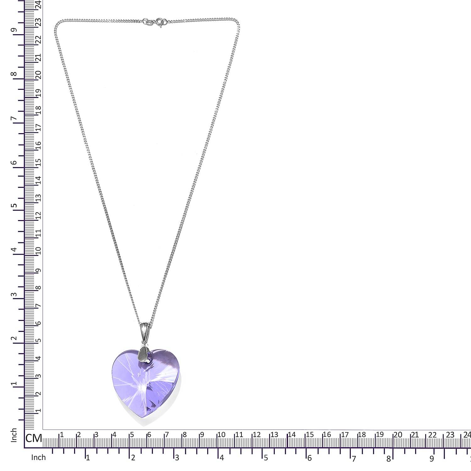 Lustro Stella - Violet Colour Crystal (Hrt 40 mm) Pendant With Chain (Size 30) in Platinum Overlay Sterling Silver, Silver wt 9.00 Gms.