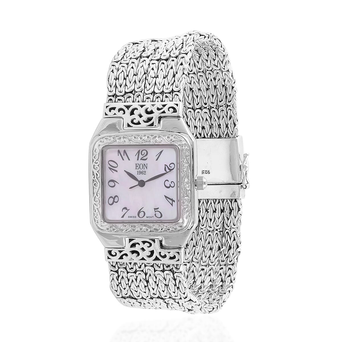 Royal Bali Collection EON 1962 Swiss Movement Sterling Silver MOP Tulang Naga Bracelet Watch (Size 6.75), Silver wt 69.46 Gms.