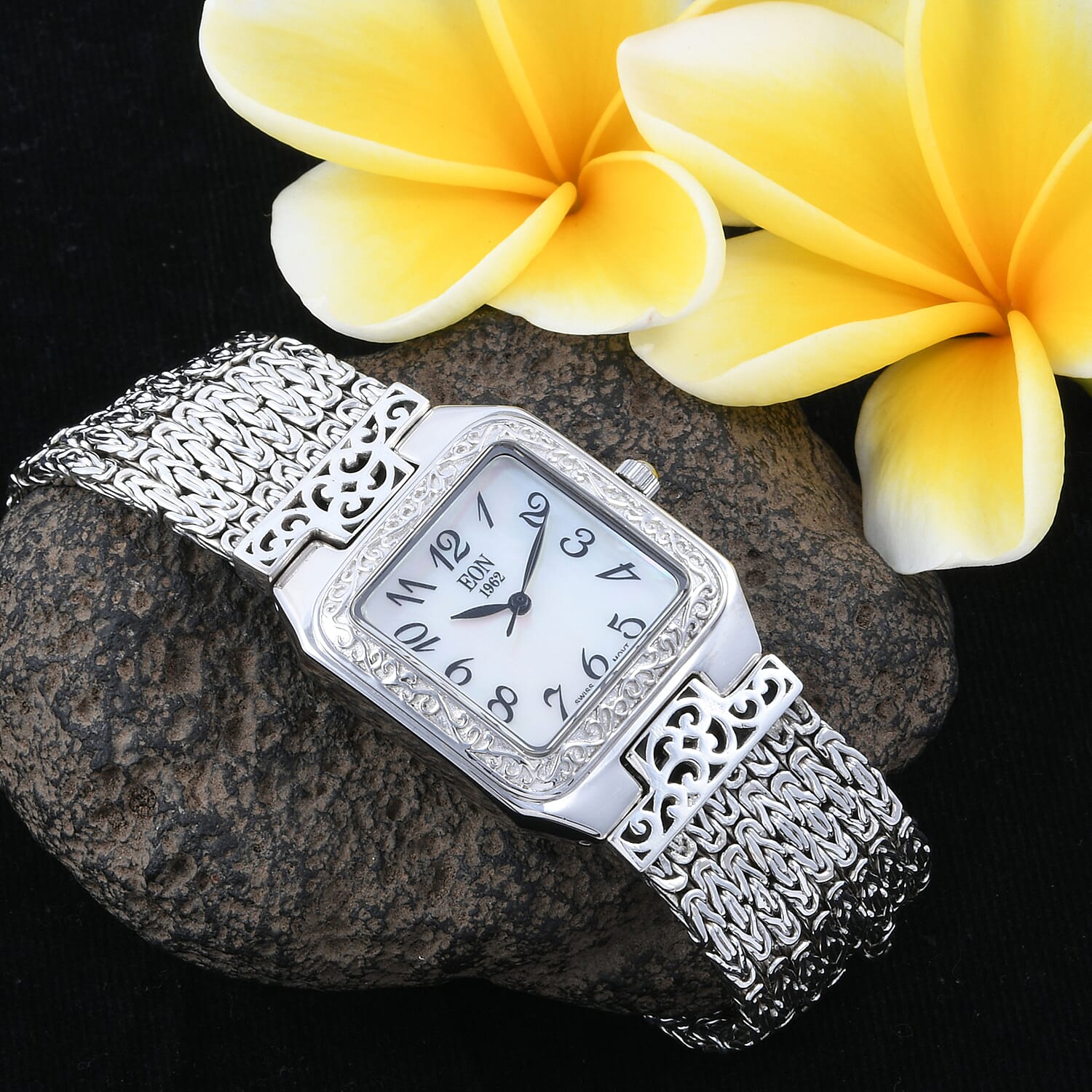 Royal Bali Collection EON 1962 Swiss Movement Sterling Silver MOP Tulang Naga Bracelet Watch (Size 6.75), Silver wt 69.46 Gms.