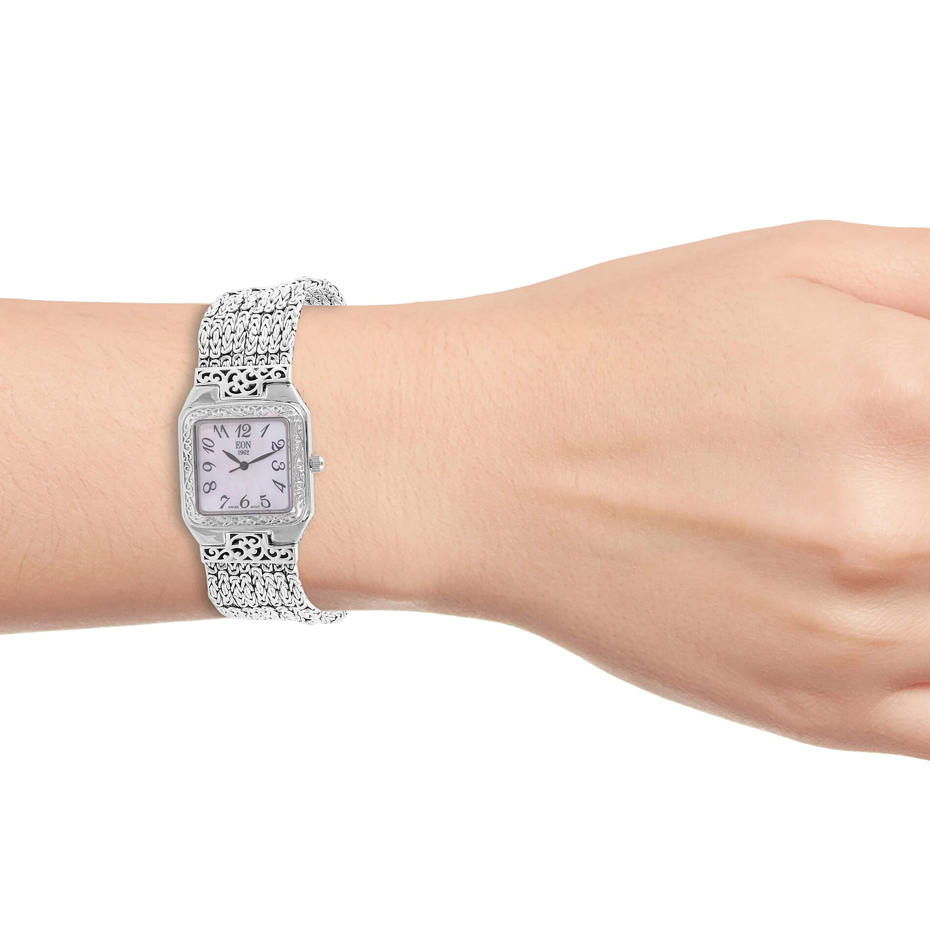 Royal Bali Collection EON 1962 Swiss Movement Sterling Silver MOP Tulang Naga Bracelet Watch (Size 6.75), Silver wt 69.46 Gms.