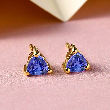 Tanzanite Stud Earrings with Push Back in 18K Vermeil Yellow Gold Plated Sterling Silver 0.64 Ct.