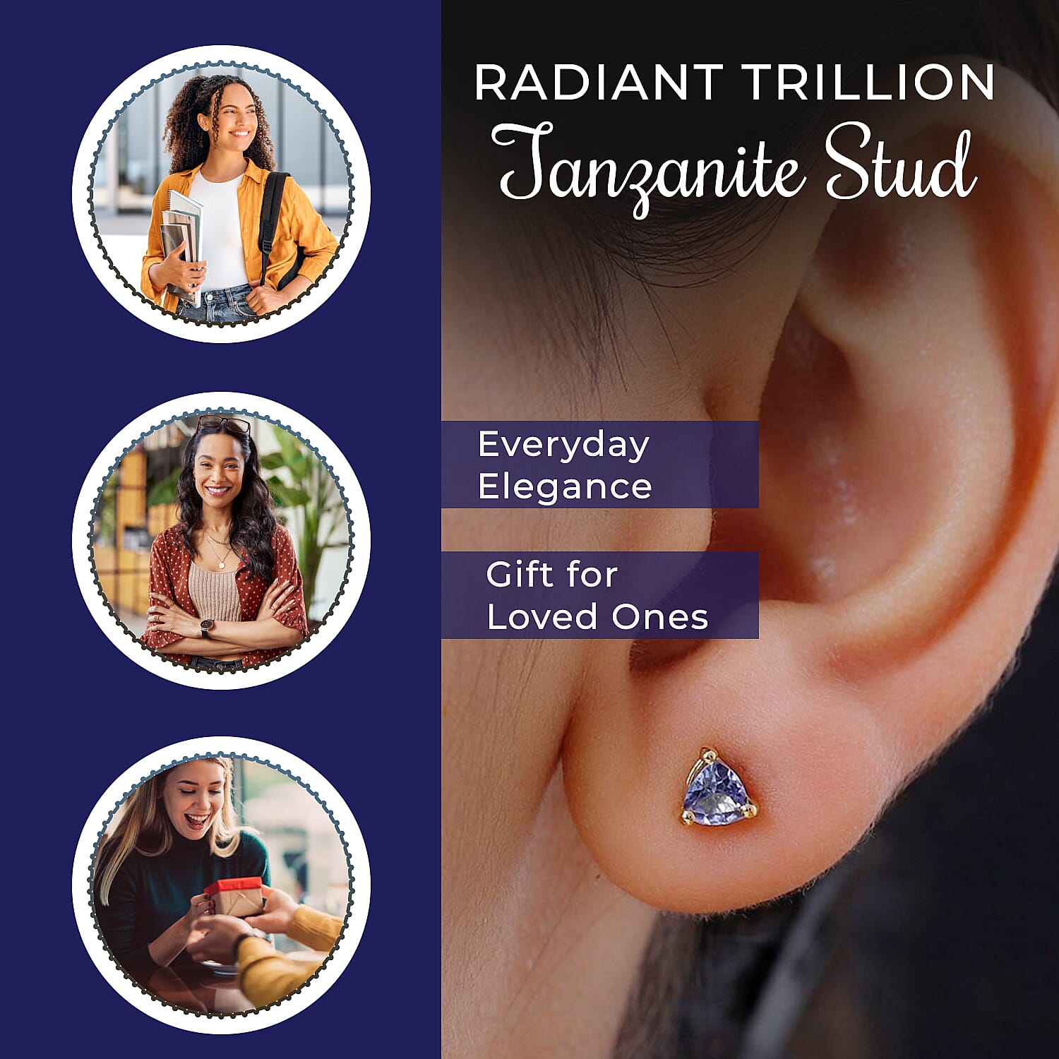 Tanzanite Stud Earrings with Push Back in 18K Vermeil Yellow Gold Plated Sterling Silver