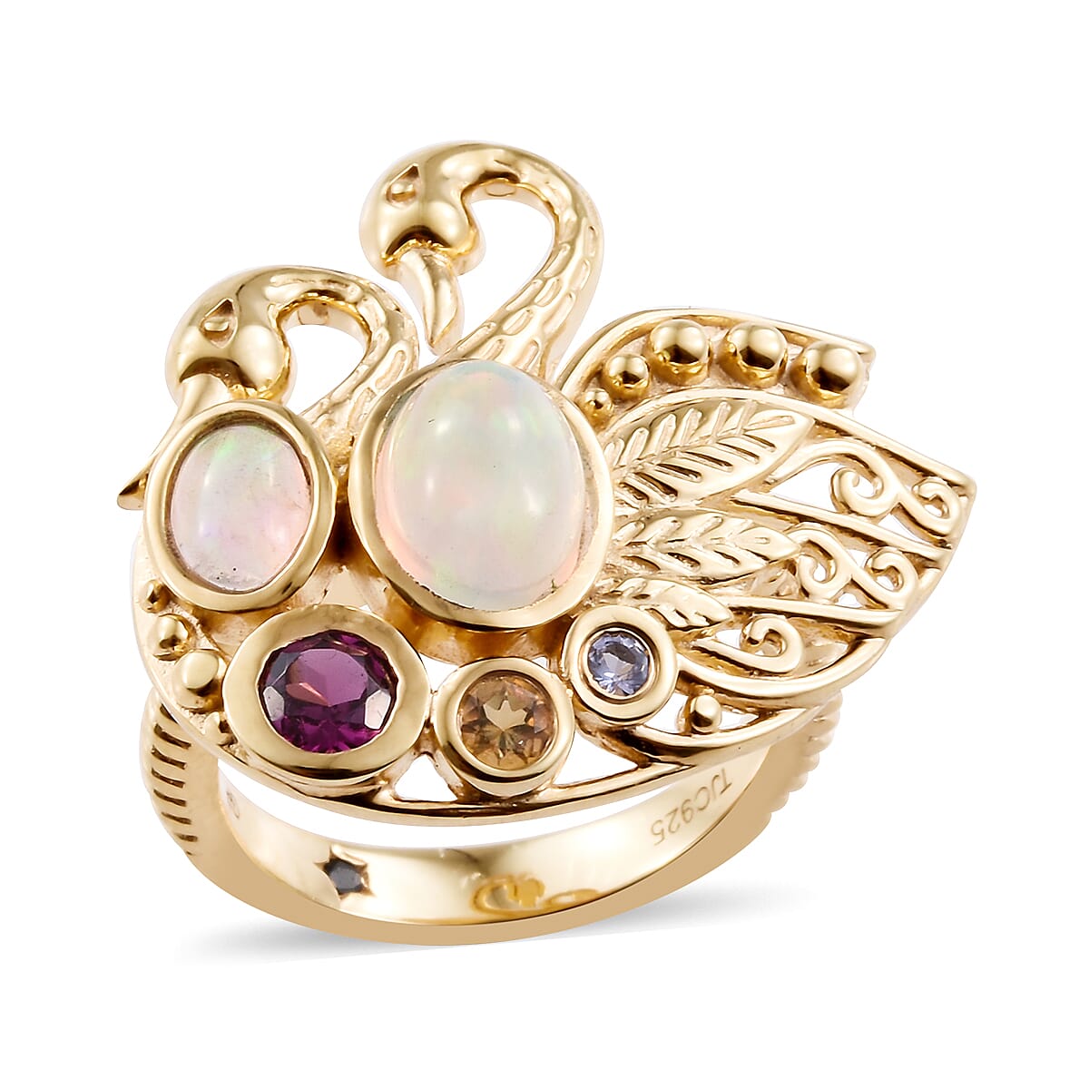 GP Ethiopian Welo Opal (Rnd), Multi Gemstone Swan Love Ring in 14K Gold Overlay Sterling Silver 1.500 Ct.