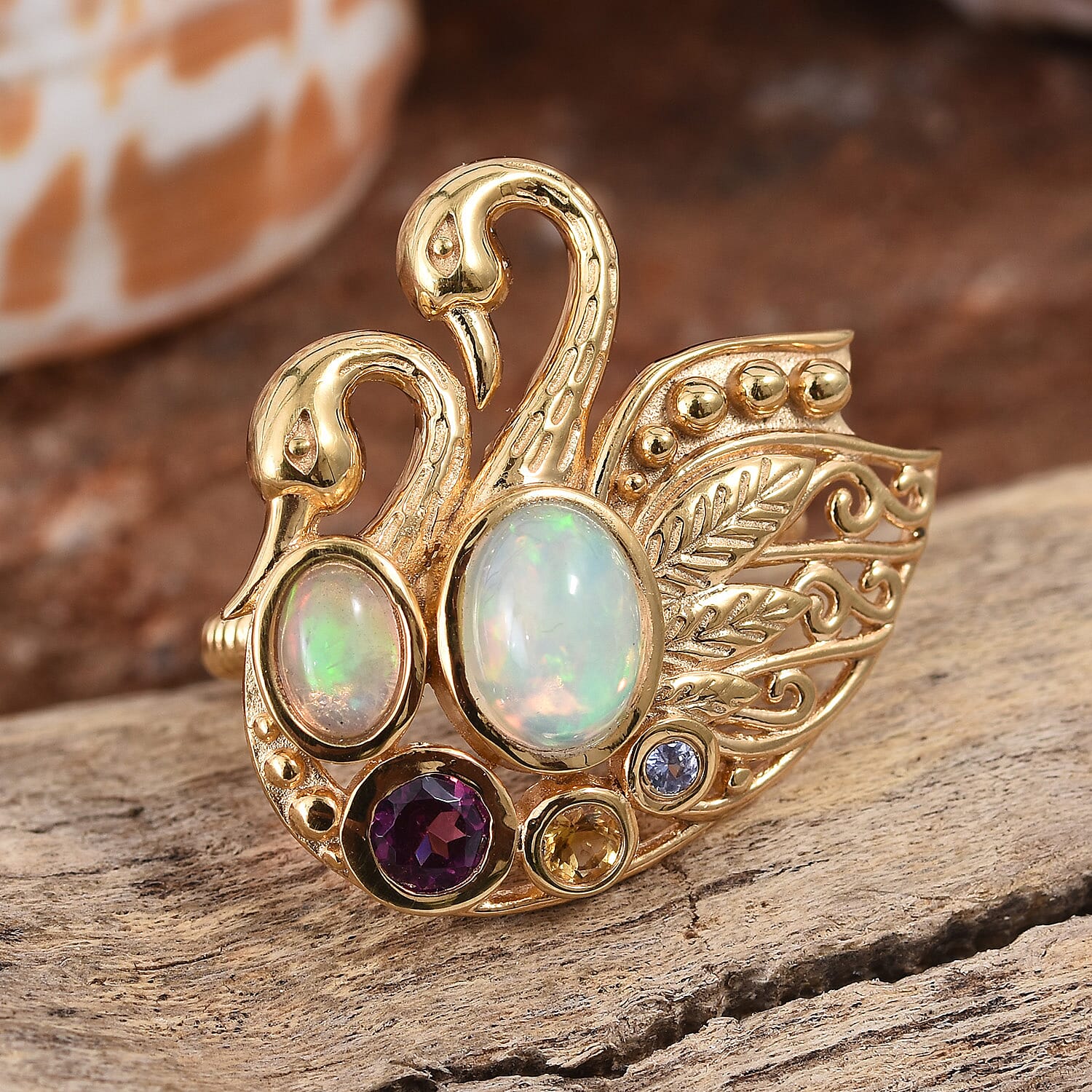 GP Ethiopian Welo Opal (Rnd), Multi Gemstone Swan Love Ring in 14K Gold Overlay Sterling Silver 1.500 Ct.