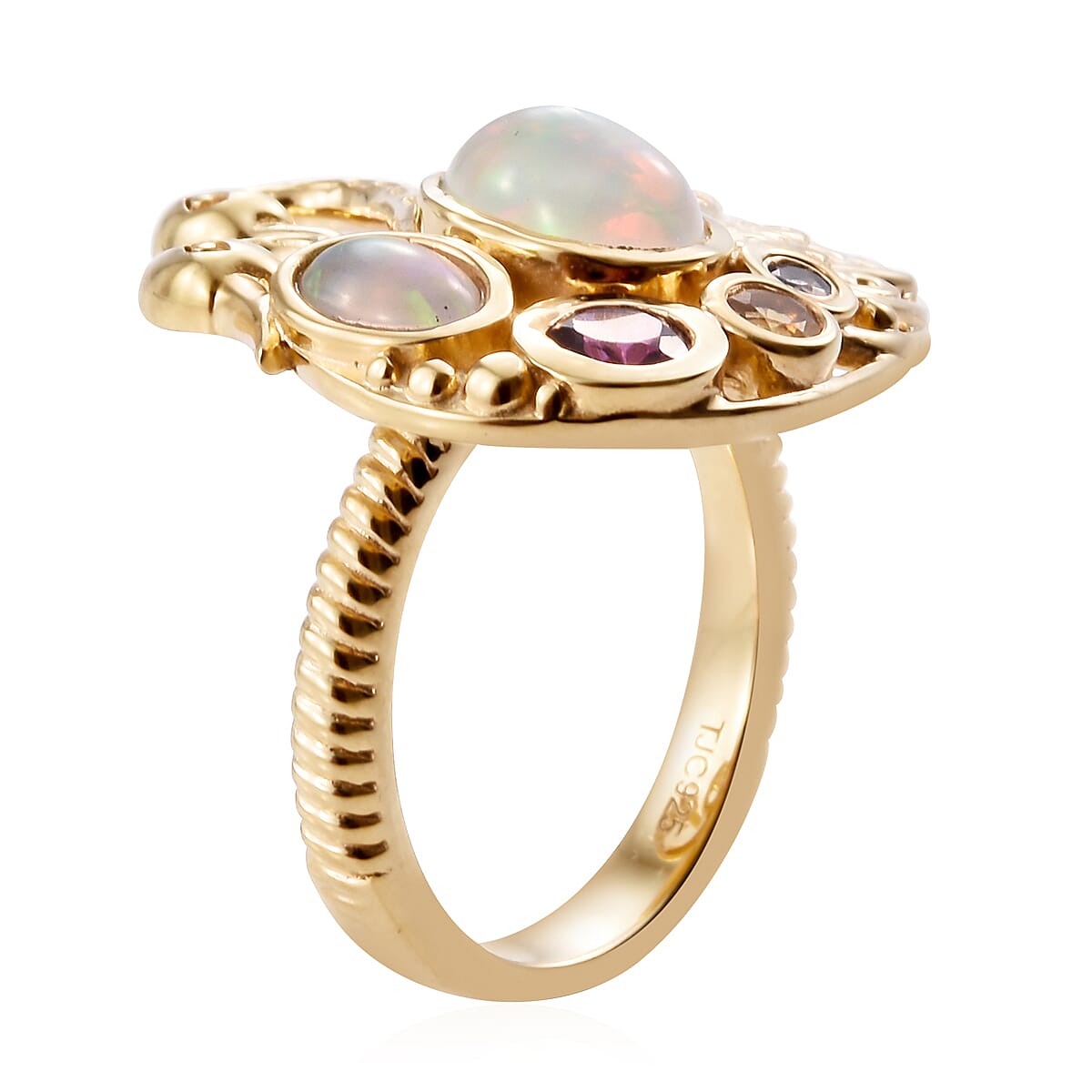 GP Ethiopian Welo Opal (Rnd), Multi Gemstone Swan Love Ring in 14K Gold Overlay Sterling Silver 1.500 Ct.