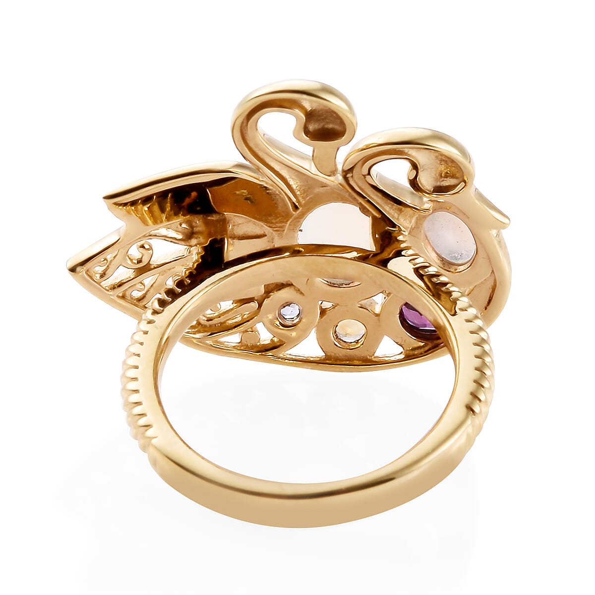 GP Ethiopian Welo Opal (Rnd), Multi Gemstone Swan Love Ring in 14K Gold Overlay Sterling Silver 1.500 Ct.