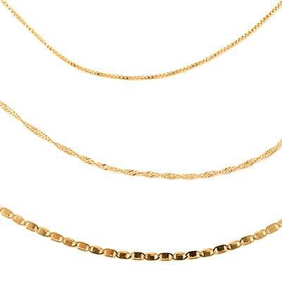3 Piece Set - Italian Made - 14K Gold Overlay Sterling Silver Valentino, Singapore and Box Chain (Size 18)