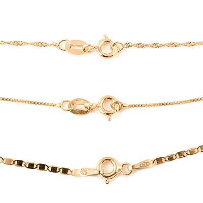 3 Piece Set - Italian Made - 14K Gold Overlay Sterling Silver Valentino, Singapore and Box Chain (Size 18)