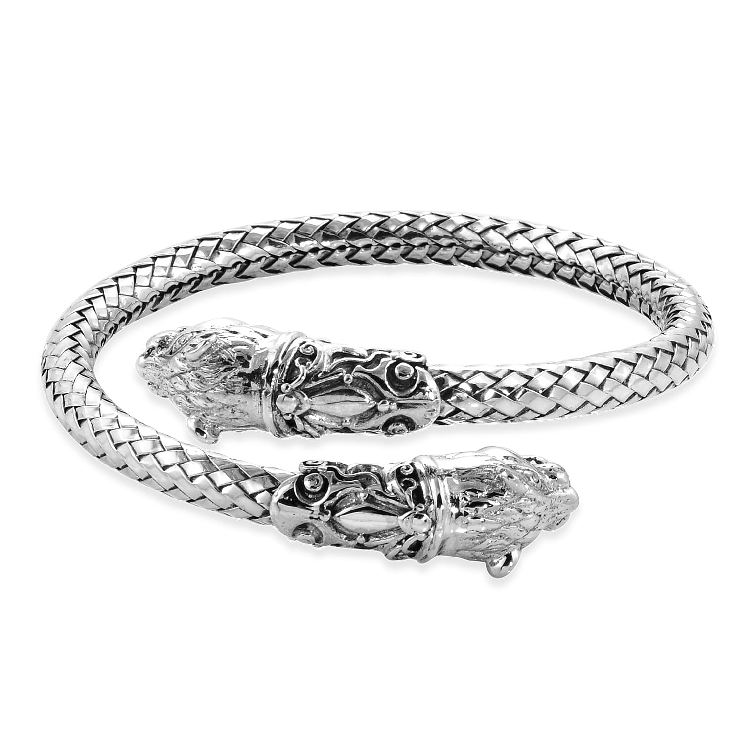 Royal Bali Collection - Sterling Silver Tiger Head Cuff Bangle (Size 7.5), Silver wt 50.62 Gms