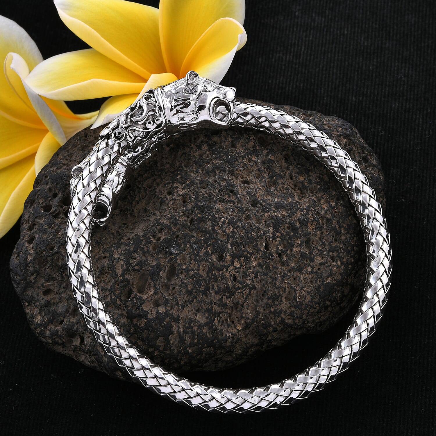 Royal Bali Collection - Sterling Silver Tiger Head Cuff Bangle (Size 7.5), Silver wt 50.62 Gms