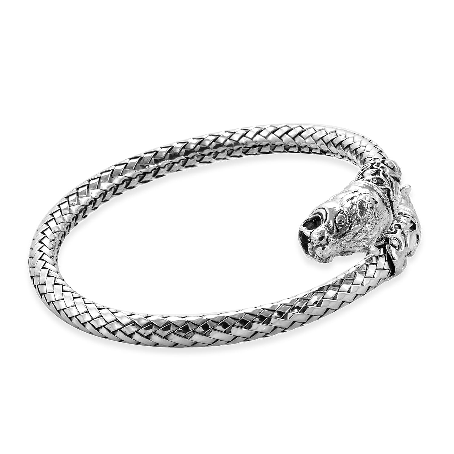 Royal Bali Collection - Sterling Silver Tiger Head Cuff Bangle (Size 7.5), Silver wt 50.62 Gms