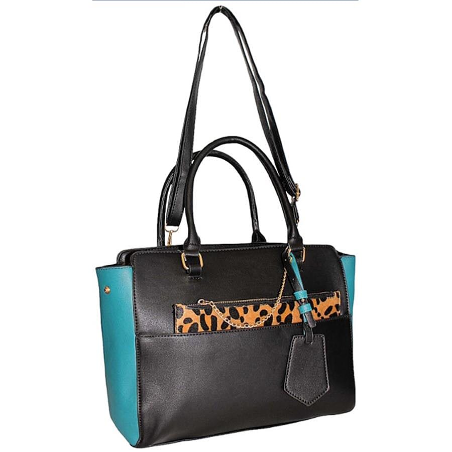 Close Out Deal- Designer Inspired - 2 Piece Handbag Set in Leopard Print with Removable Strap- Turquiose  (28x34x10 Cm)
