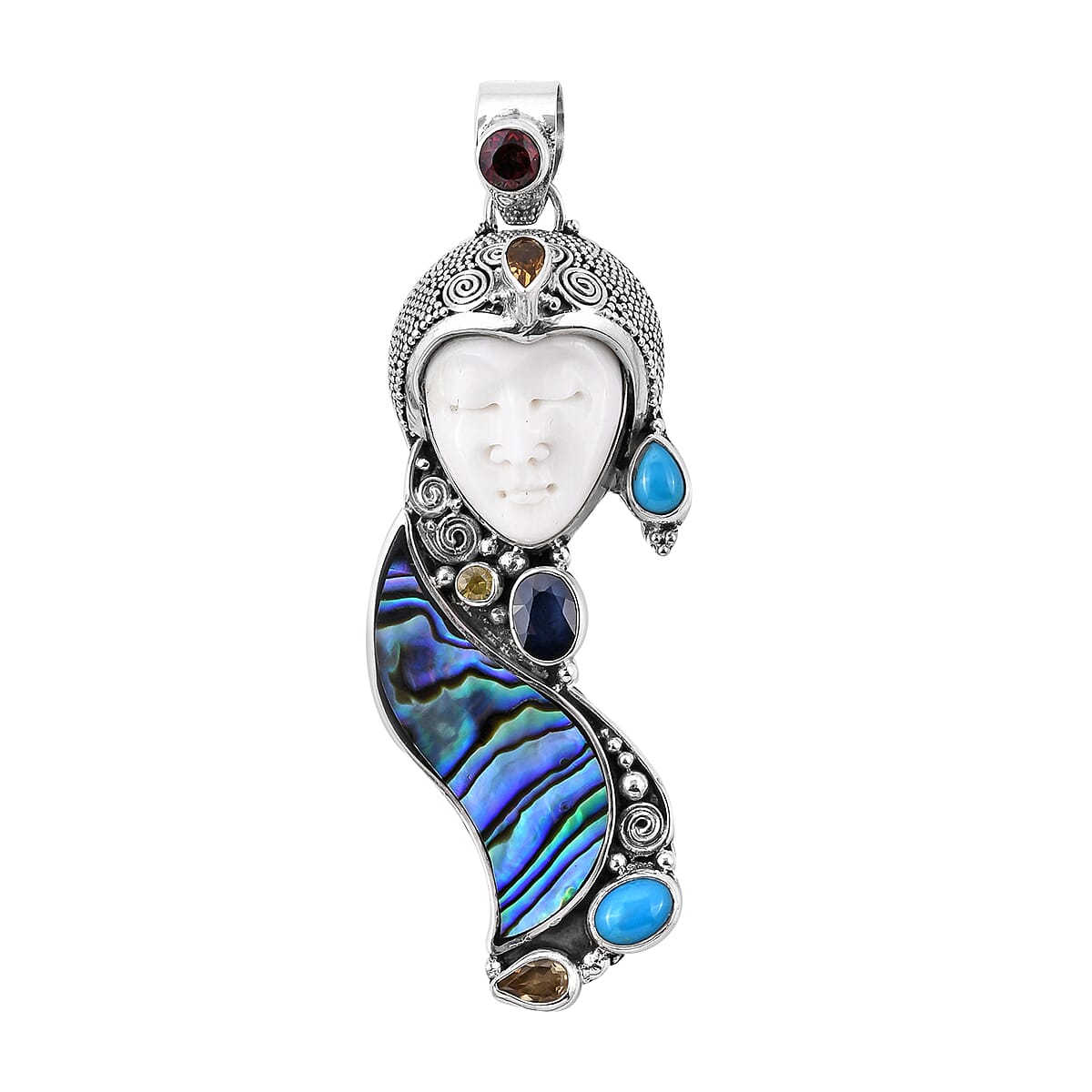 Princess Bali Collection OX Bone Carved Face, Arizona Sleeping Beauty Turquoise and Multi Gemstone Pendant in Sterling Silver 3.411  Ct, Silver wt 13.21 Gms
