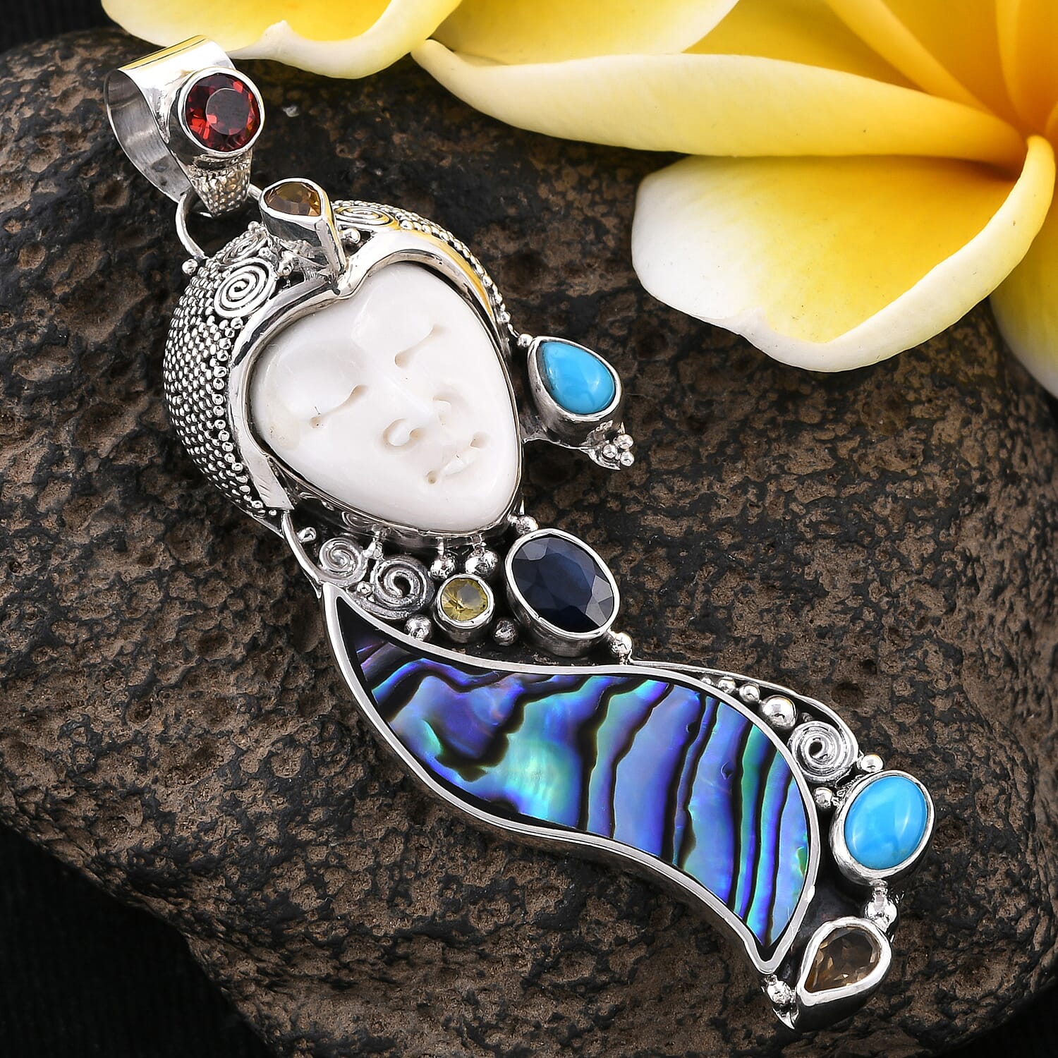 Princess Bali Collection OX Bone Carved Face, Arizona Sleeping Beauty Turquoise and Multi Gemstone Pendant in Sterling Silver 3.411  Ct, Silver wt 13.21 Gms
