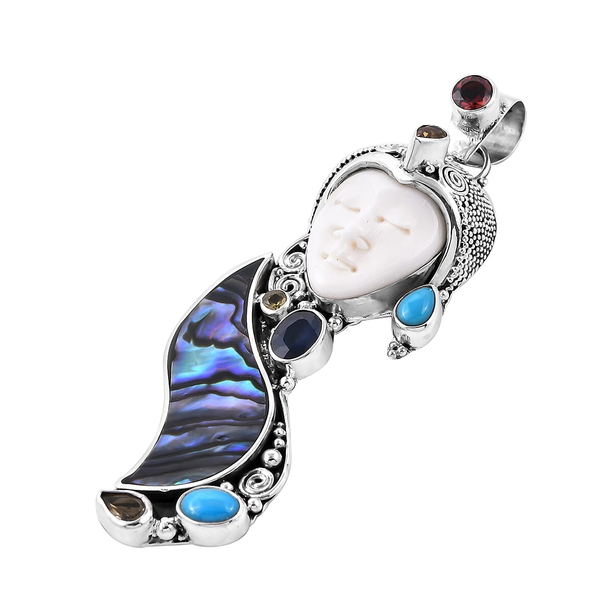 Princess Bali Collection OX Bone Carved Face, Arizona Sleeping Beauty Turquoise and Multi Gemstone Pendant in Sterling Silver 3.411  Ct, Silver wt 13.21 Gms