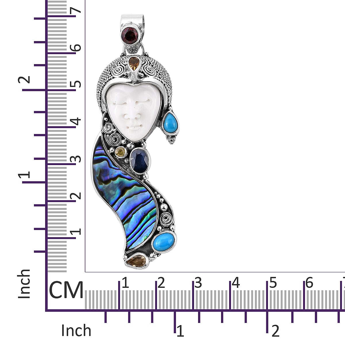 Princess Bali Collection OX Bone Carved Face, Arizona Sleeping Beauty Turquoise and Multi Gemstone Pendant in Sterling Silver 3.411  Ct, Silver wt 13.21 Gms