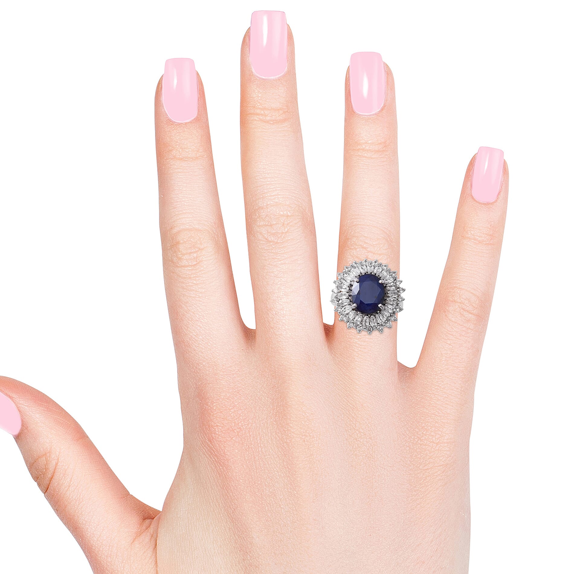 Designer Inspired- Kanchanaburi Blue Sapphire (Ovl 12x10mm, 5.56 Ct) and White Topaz Ring in Rhodium Overlay Sterling Silver 6.500 Ct.