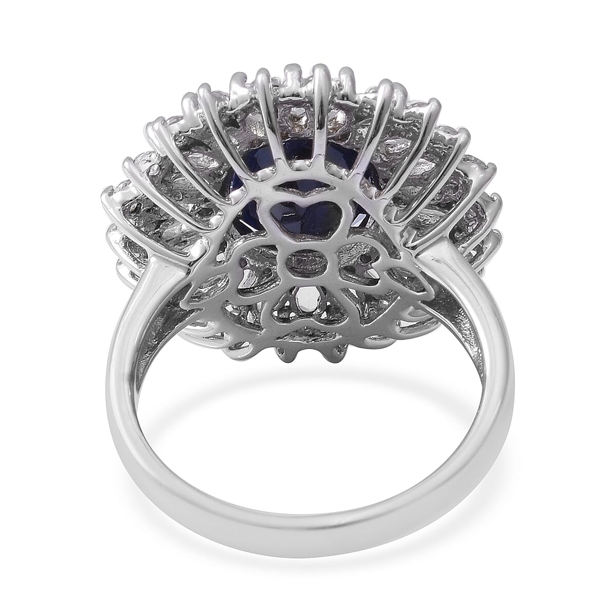 Designer Inspired- Kanchanaburi Blue Sapphire (Ovl 12x10mm, 5.56 Ct) and White Topaz Ring in Rhodium Overlay Sterling Silver 6.500 Ct.