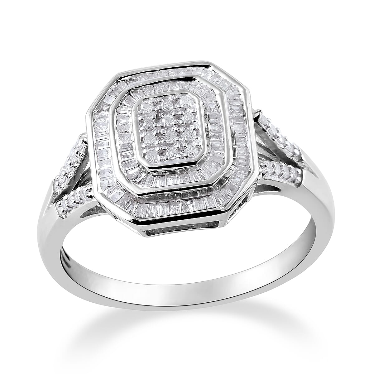 Diamond (Rnd and Bgt) Ring in Platinum Overlay Sterling Silver 0.50  Ct.