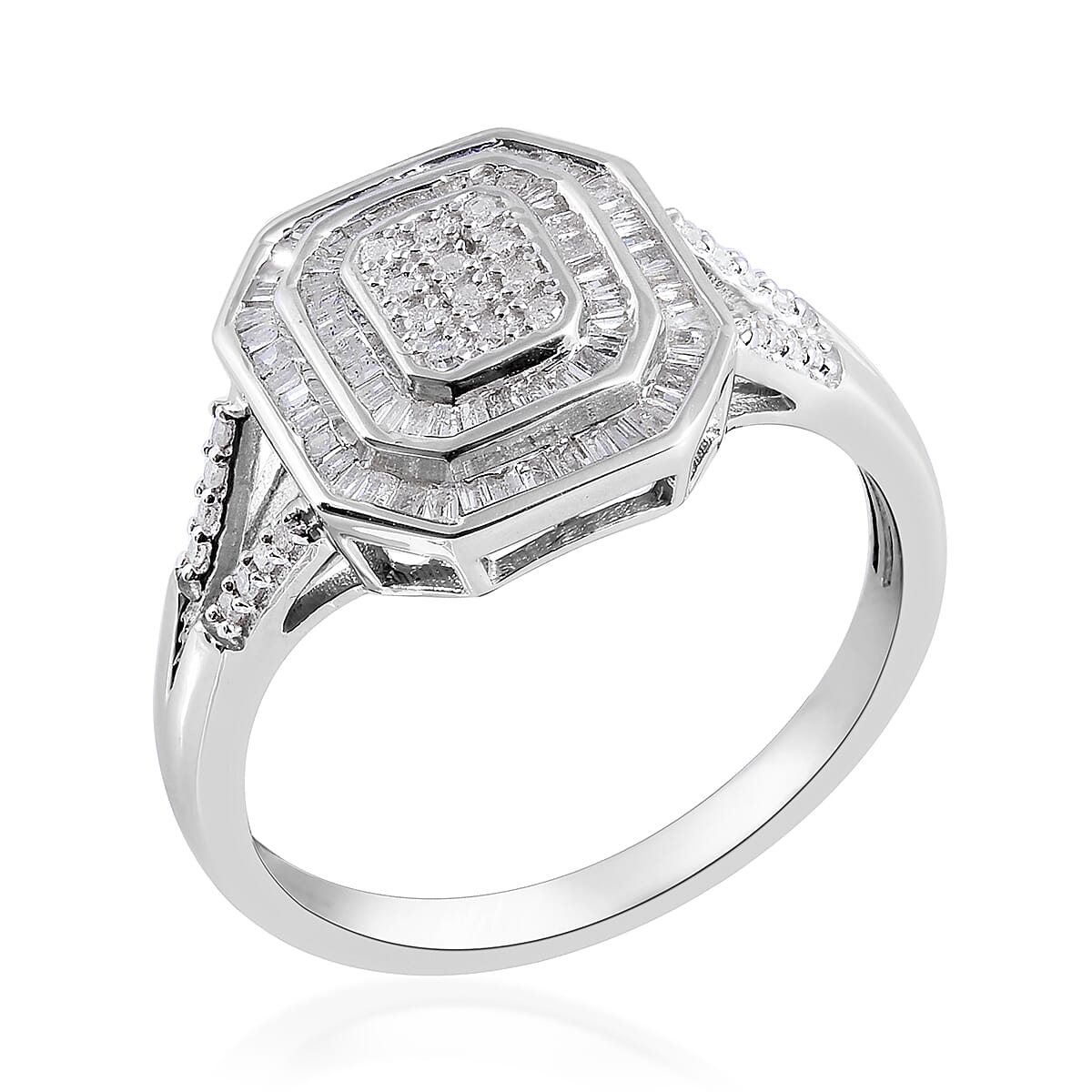 Diamond (Rnd and Bgt) Ring in Platinum Overlay Sterling Silver 0.50  Ct.