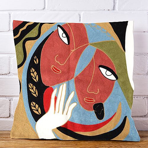 Limited Edition - 100% Cooton Pablo Picasso Full Embroidery Cushion Cover (Size 43x43 cm) - Brick &  Multi