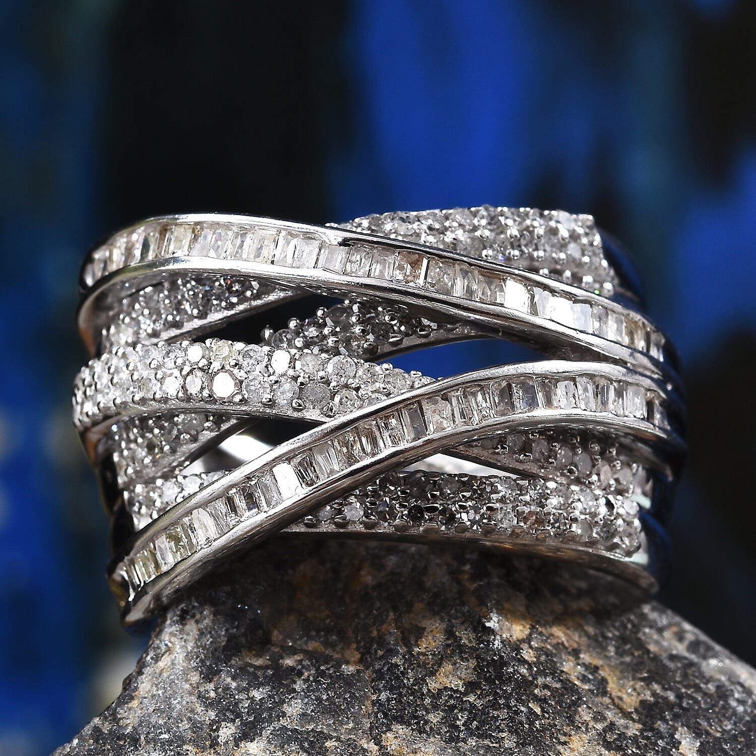 Designer Close Out- Diamond (Rnd and Bgt) Crossover Ring in Platinum Overlay Sterling Silver 1.00 Ct, Silver wt 5.7 Gms.