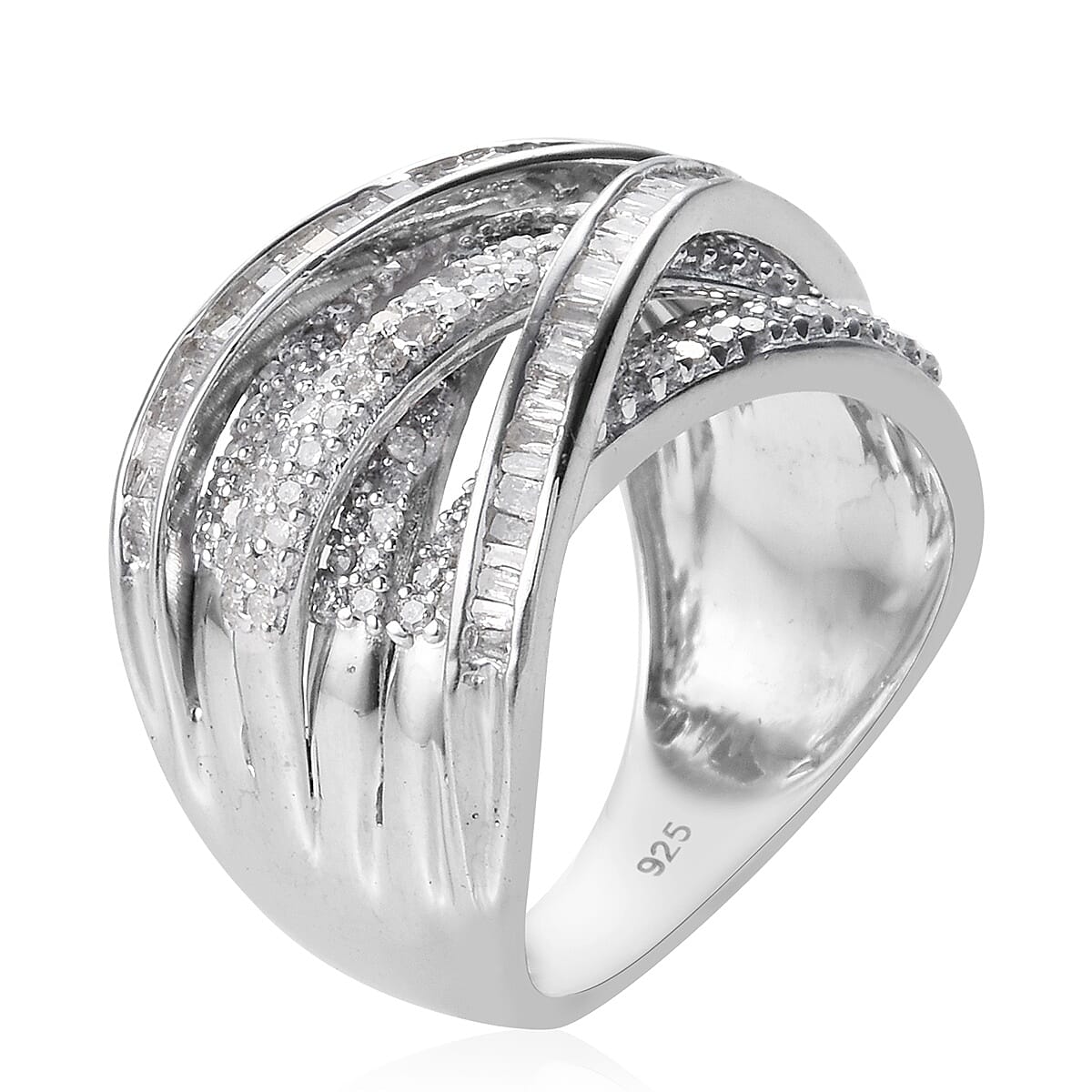 Designer Close Out- Diamond (Rnd and Bgt) Crossover Ring in Platinum Overlay Sterling Silver 1.00 Ct, Silver wt 5.7 Gms.