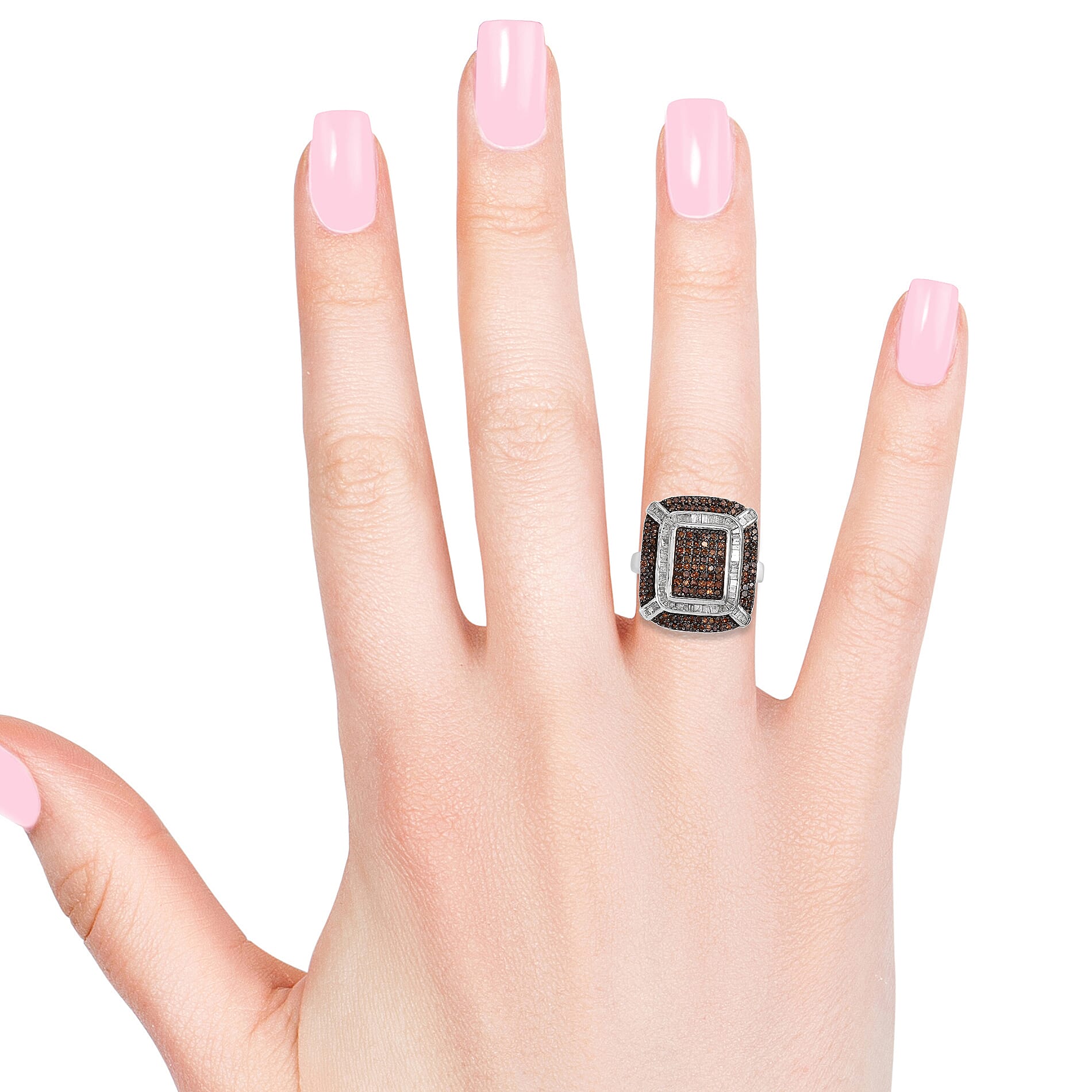 Red and White Diamond (Rnd) Ring in Platinum Overlay Sterling Silver 1.000 Ct, Silver wt 6.80 Gms, Number of Diamonds 216