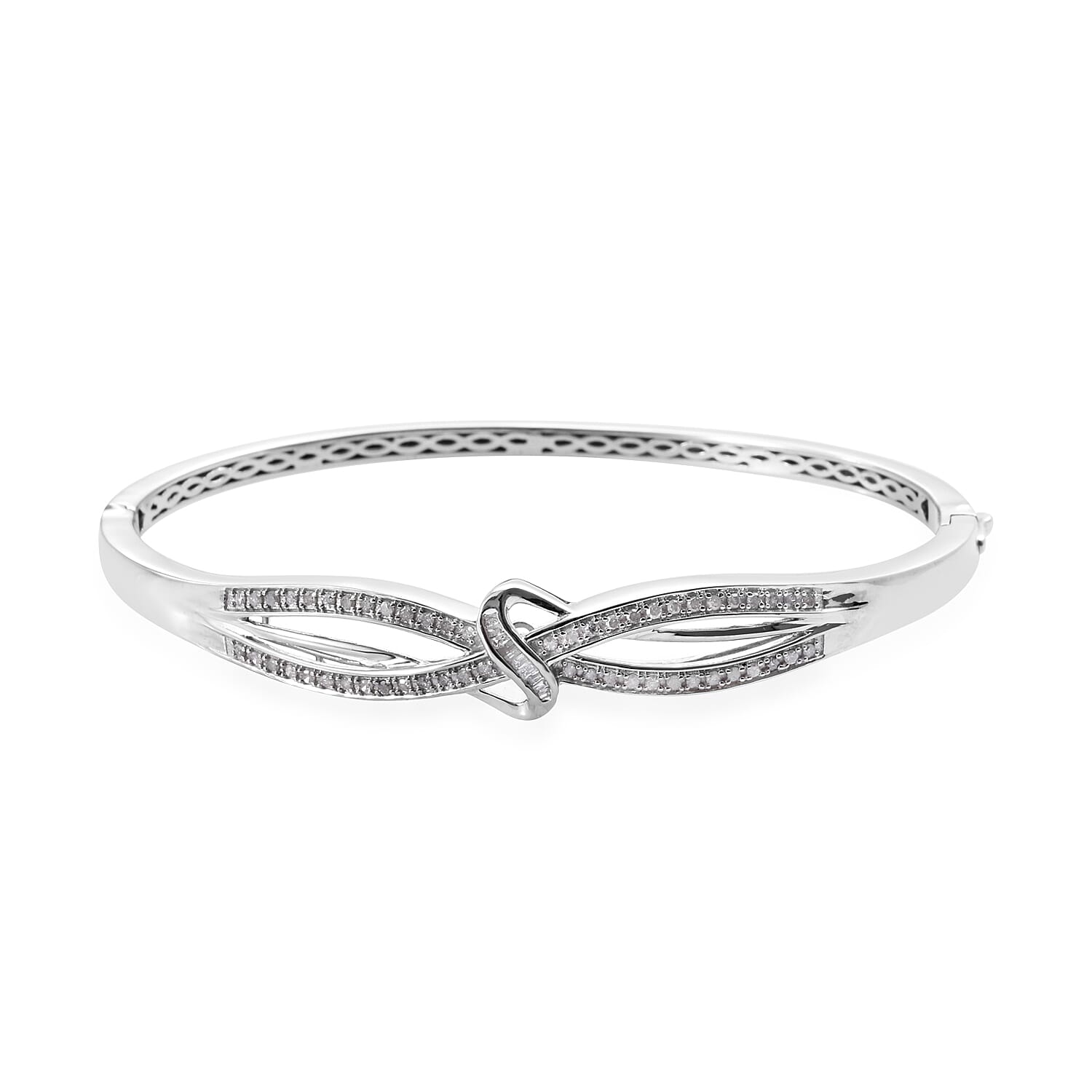 Diamond (Rnd and Bgt) Bangle (Size 7.5) in Platinum Overlay Sterling Silver 0.500 Ct, Silver wt 15.00 Gms
