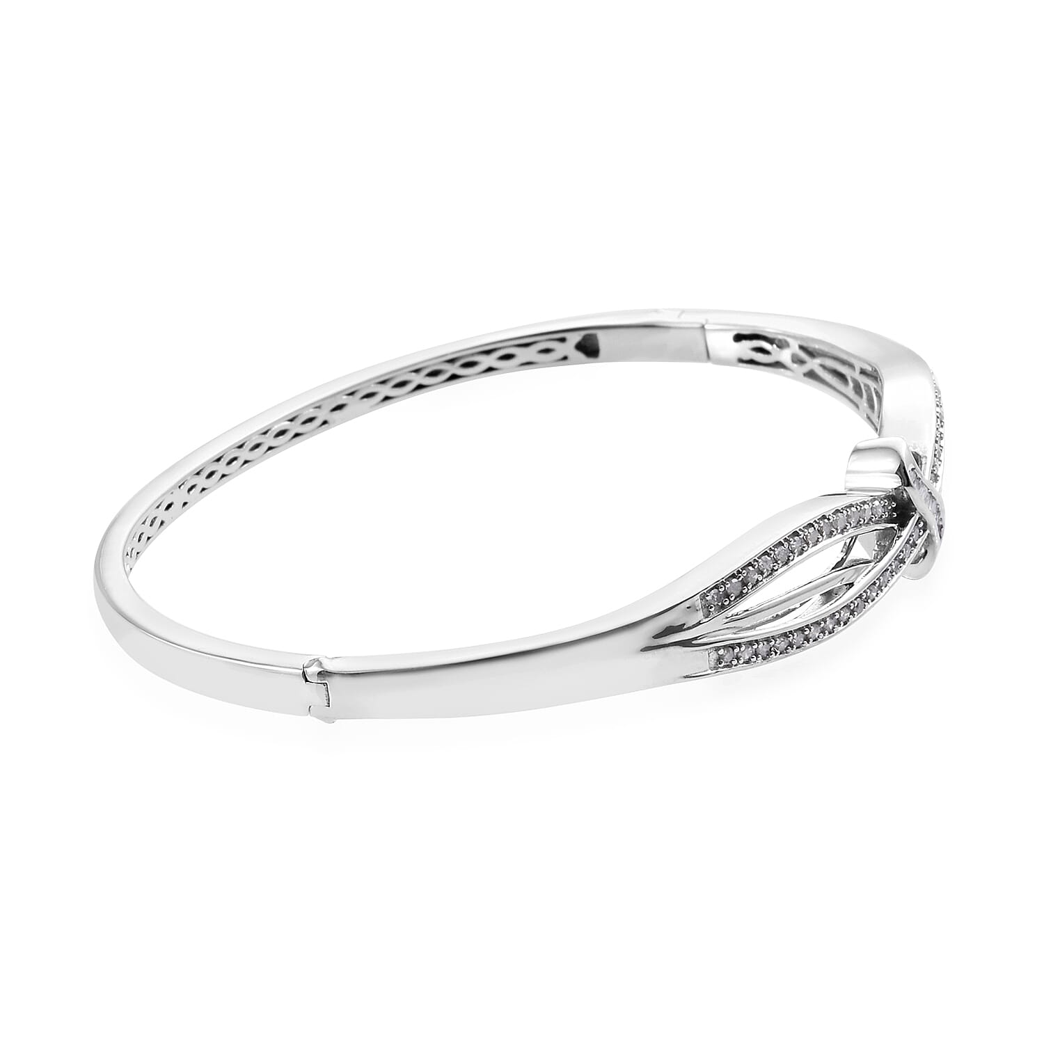 Diamond (Rnd and Bgt) Bangle (Size 7.5) in Platinum Overlay Sterling Silver 0.500 Ct, Silver wt 15.00 Gms